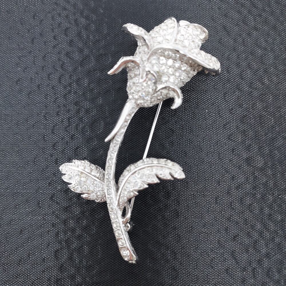 Nolan Miller Brooch Anniversary Rose Pave Rhinestone Silver Tone Signed 2002 VTG